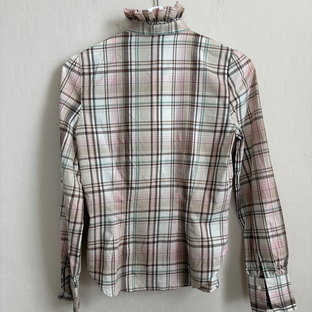 Ralph Lauren Ruffle Collared Button Down Beige Pink Plaid Blouse Petite - Picture 2 of 8